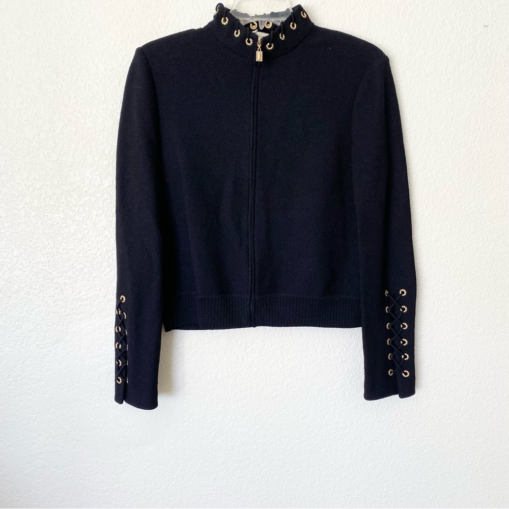 St. John Black Knit Jacket with Gold Eyelet Details